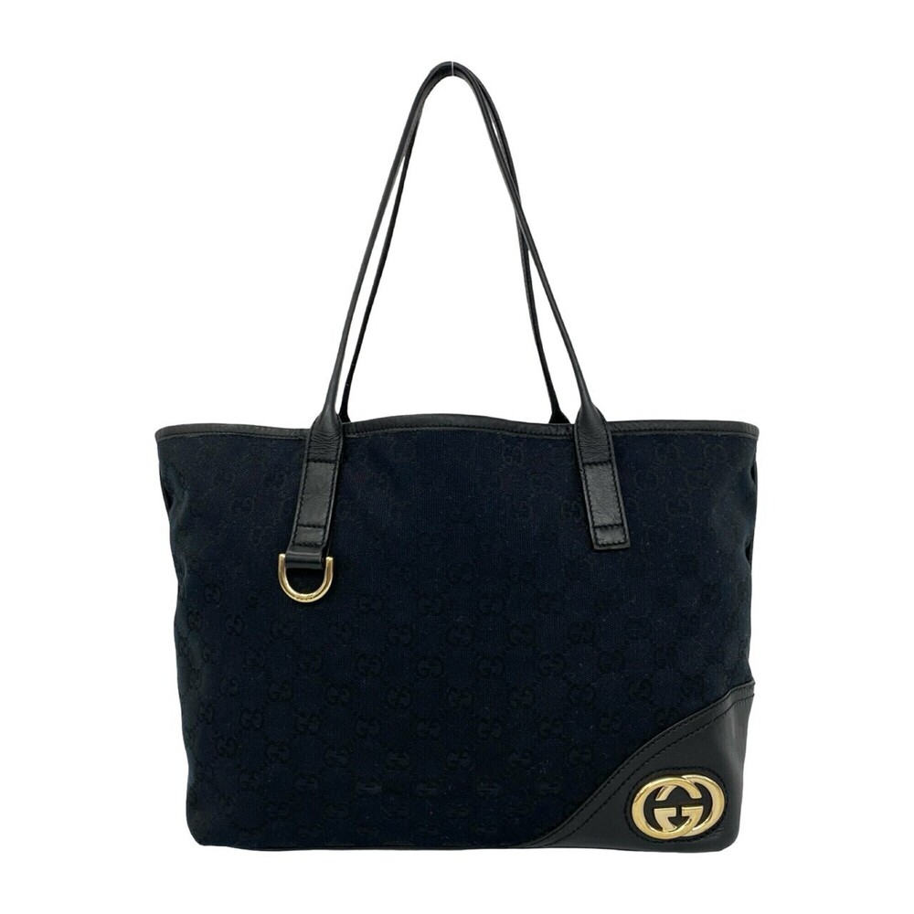 GUCCI New Brit GG Logo Hardware Canvas Leather Genuine Tote Bag Handbag Black...